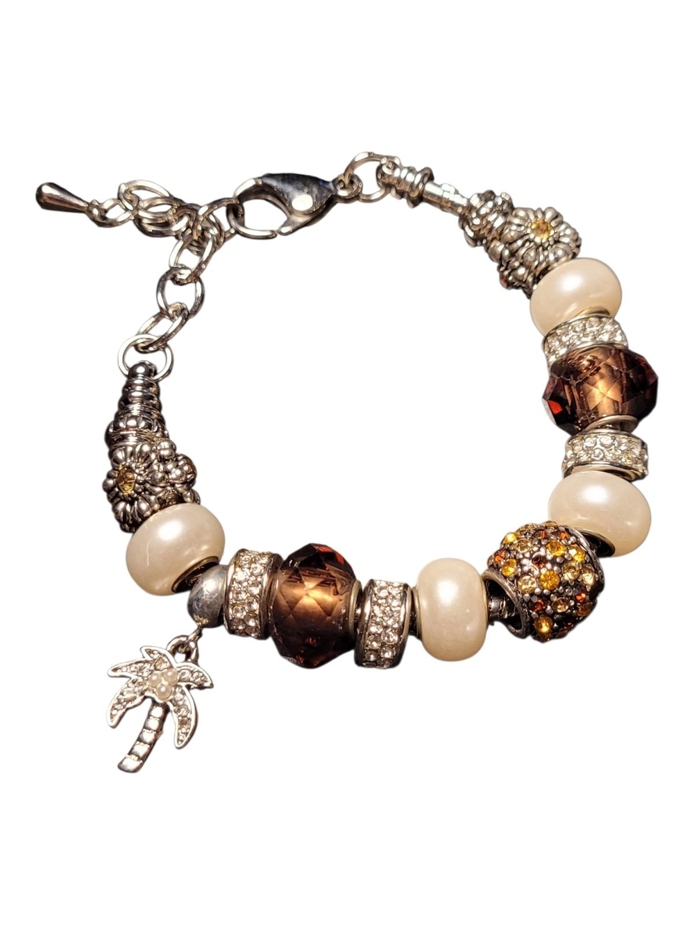 🥳4/$75!🥳 bella Perlina Brown, Cream & Gold Bead Charm Bracelet with Palm Tree